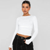 Vintage Bustier Spring Solid Long Sleeve Round Neck WomenT-shirt